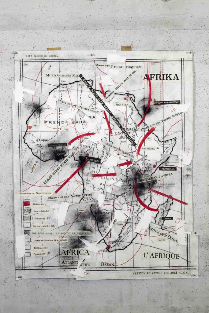 William Kentridge, Drawing from The Head and the Load (Afrika-Africa-L’Afrique), 2018 Charcoal, red pencil, digital print and paper collage, 88.5 x 78.5 cm. Courtesy Goodman Gallery