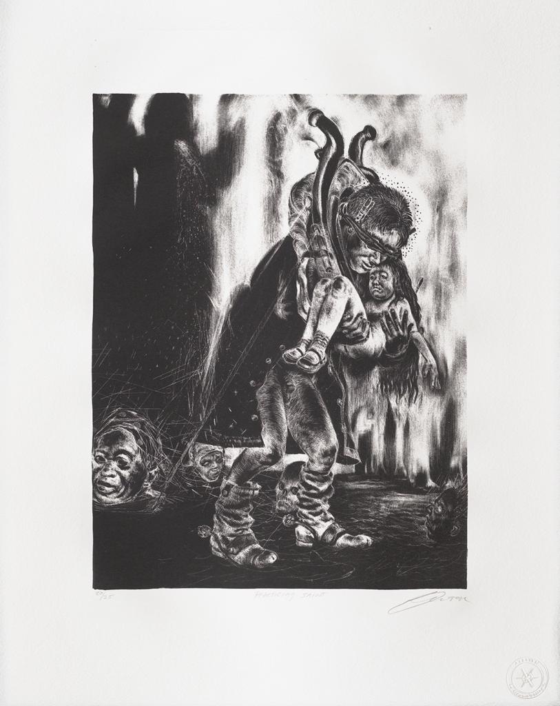 Diane Victor, Practising Saint. Manière Noire lithographie en pierre – Manière Noire stone lithograph Edition 25 43 x 35cm BFK Rives © Atelier Le Grand Village