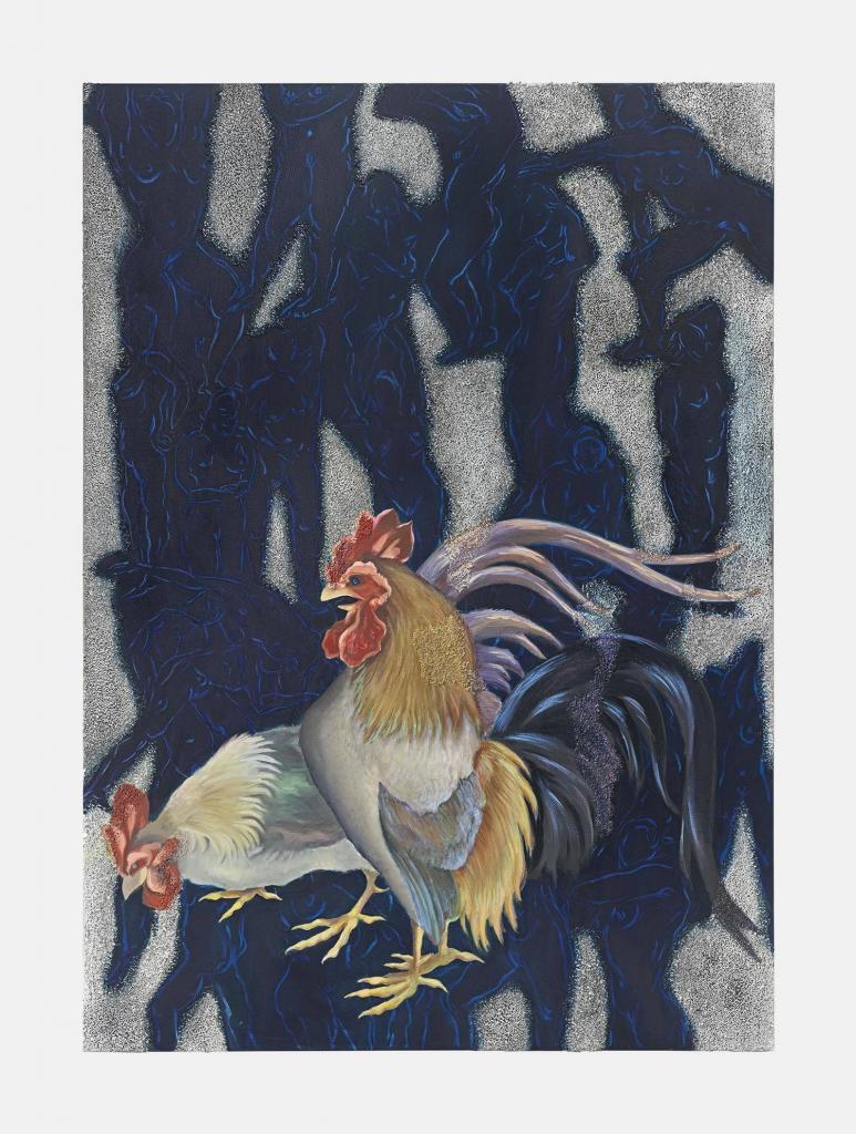 Allison Katz Cock Island, 2018 Oil acrylic and rice on canvas 175 x 125 cm (68.9 x 49.21 in) (AK 1000) Courtesy Allison Katz, Danjuma Collection, and The Approach, London © Allison Katz