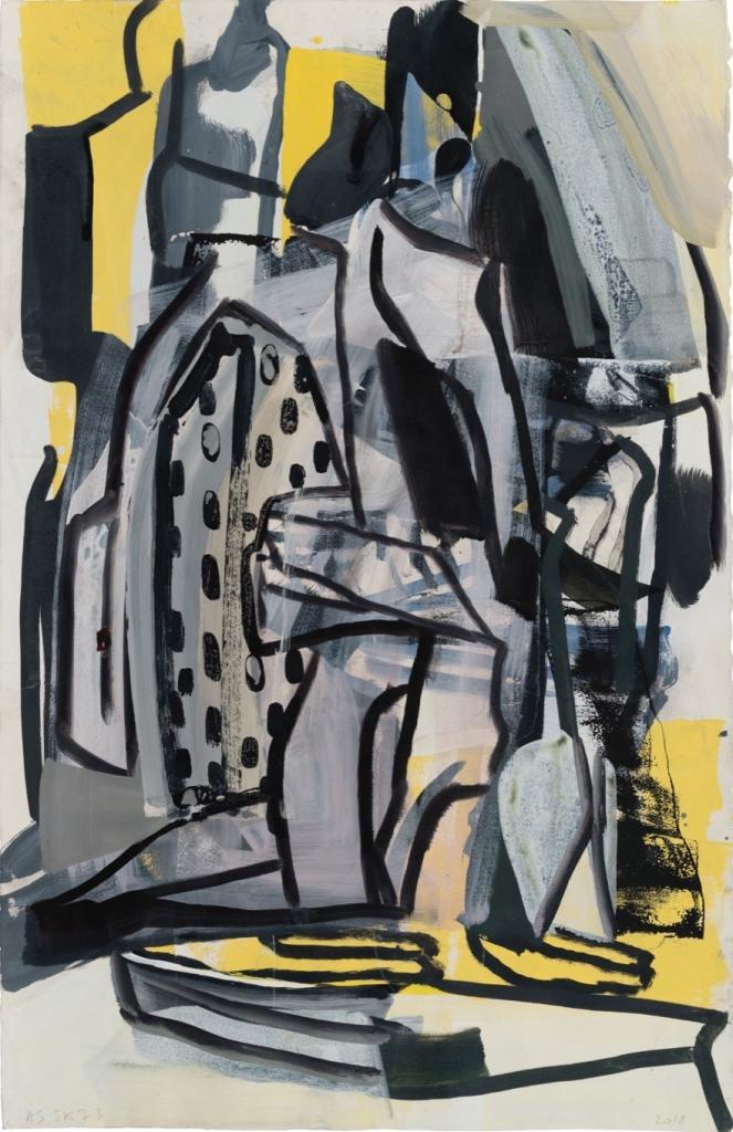 Amy Sillman SK73, 2019 Acrylic, ink, and silkscreen on paper 101.6 x 66 cm (40 x 25.98 in) (ASI 1000) Courtesy of the artist and Gladstone Gallery, New York and Brussels. Photo: John Berens © Amy Sillman.