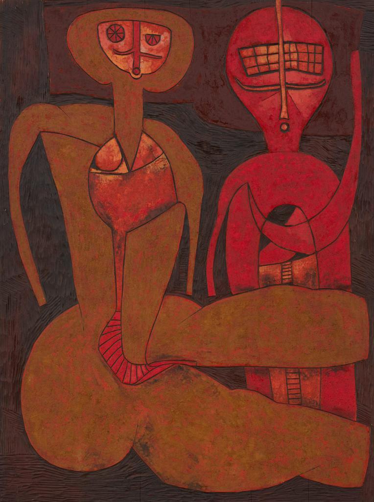 Cecil Skotnes South African 1926–2009 Two figures R 200,000 - R 300,000 carved, incised and painted wood panel 122.5 x 90.5 cm Modern & Contemporary Art Aspire Auction 1st September 2019 Cape Town