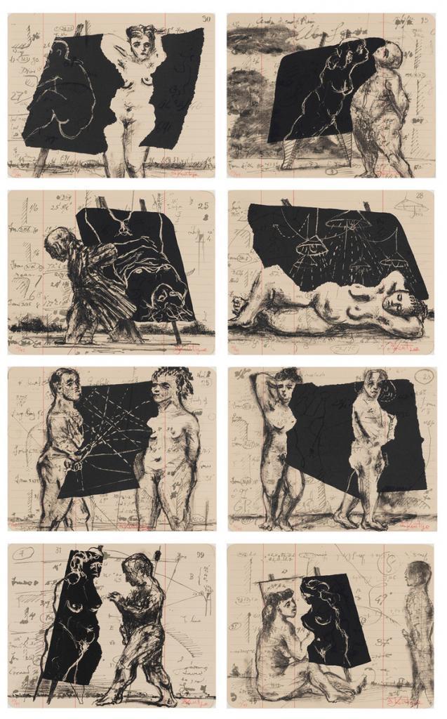 William Kentridge B.1955 South Africa Summer Graffiti, eight 2002 R 220,000 - R 280,000 five-colour lithographs on Vélin d'Arches crème 250 gsm paper, paper die-cut with round corners each signed and numbered 10/45 in red conté along the bottom margin sheet size: 18 x 23 cm each