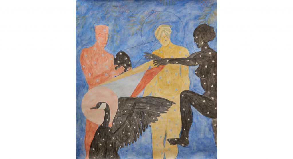 Leo Robinson, Three Saints (Extracting the Souls of Mortal Birds), 2019. Watercolour on paper. © Courtesy Leo Robinson and Tiwani Contemporary