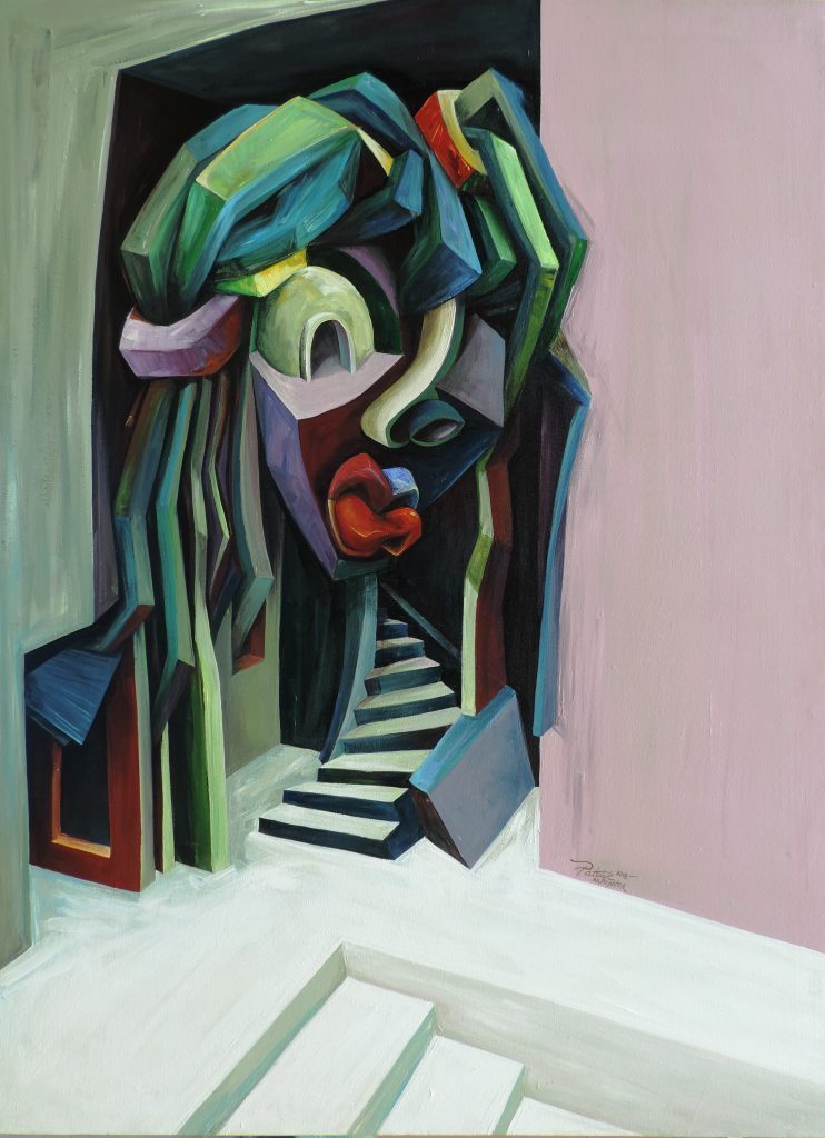 Patrick Akpojotor, The house Stella Adadevoh built, 2019. Acrylic on canvas. 122x 92 cm. 48 x 36 in. © Copyright the artist. Courtesy SMO Contemporary.