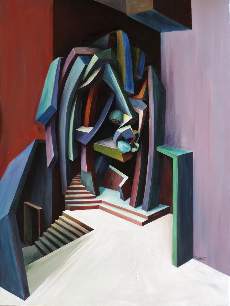 Patrick Akpojotor, Adadevoh's Courteyard, 2019. Acrylic on canvas. 122x 92 cm. 48 x 36 in. © Copyright the artist. Courtesy SMO Contemporary.