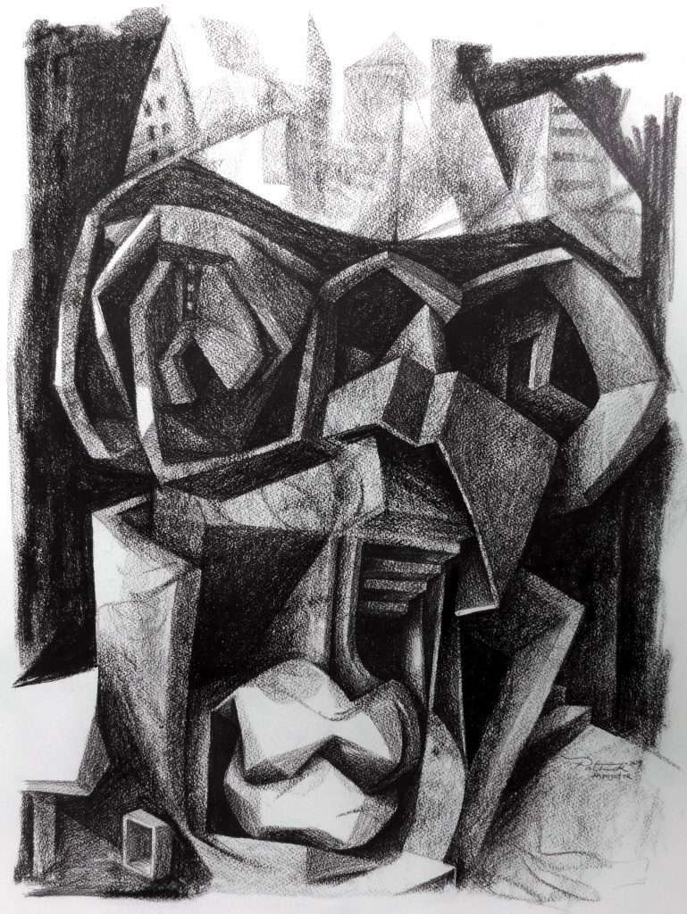 Patrick Akpojotor, Street King, 2019. Charcoal on paper. 71 x 51 cm. 28 x 20 in. © Copyright the artist. Courtesy SMO Contemporary.