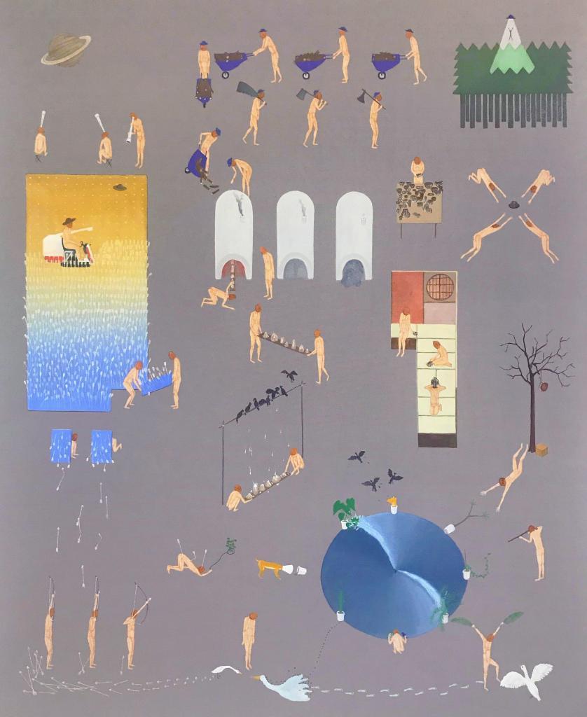 Akira Ikezoe, Coconut Heads around the Ceramic Studio 2019 62x50 inch oil on canvas Artwork part of the group show at the MACAAL Have you seen a horizon lately.