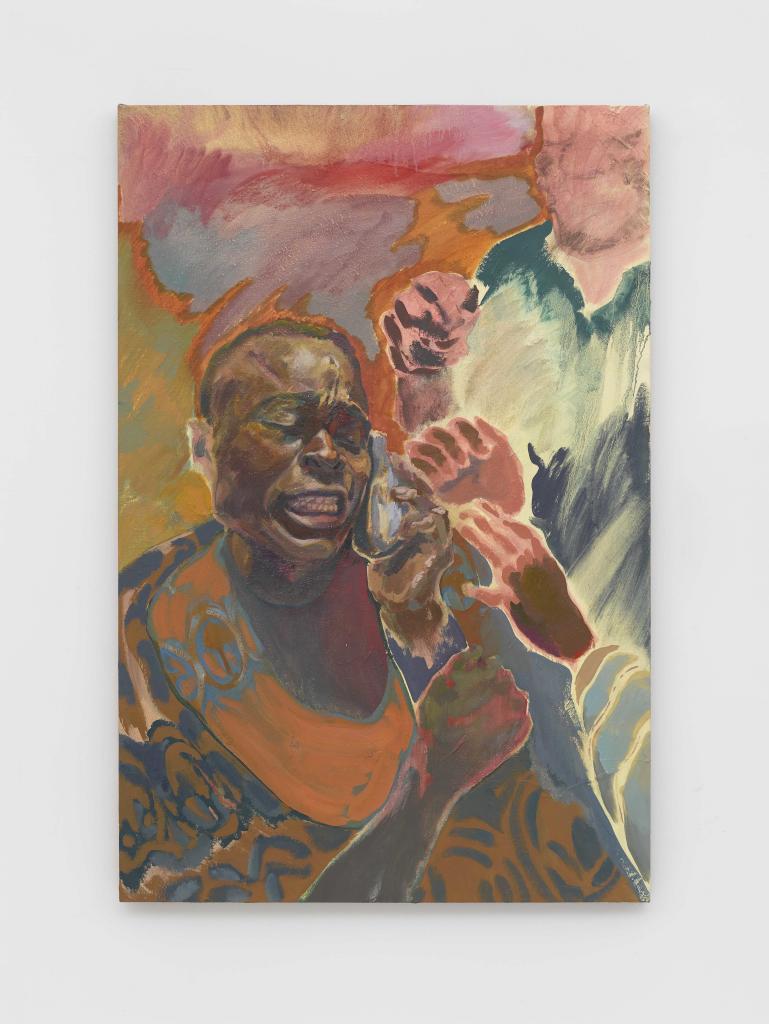 Michael Armitage The Dumb Oracle, 2019 Oil on Lubugo bark cloth 150 × 100 cm © Michael Armitage Photo © White Cube (Theo Christelis)