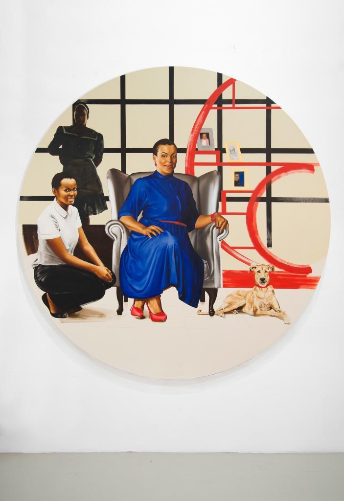 Meleko Mokgosi. Democratic Intuition, Lerato- Philia II, 2016. Oil on canvas. 94 inches in diameter. © Meleko Mokgosi. Courtesy of the artist and Jack Shainman Gallery, New York; Meleko Mokgosi: Your Trip To Africa at the PAMM