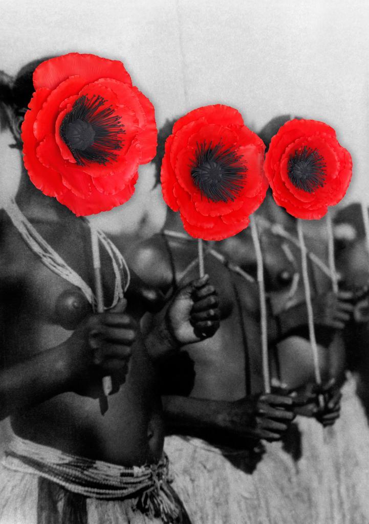 Owanto, Flower VII, 2020. UV print on aluminium with cold porcelain flower 182,0 x 130,0 x 17,0 cm. Courtesy Sakhile&Me. © Copyright the artist