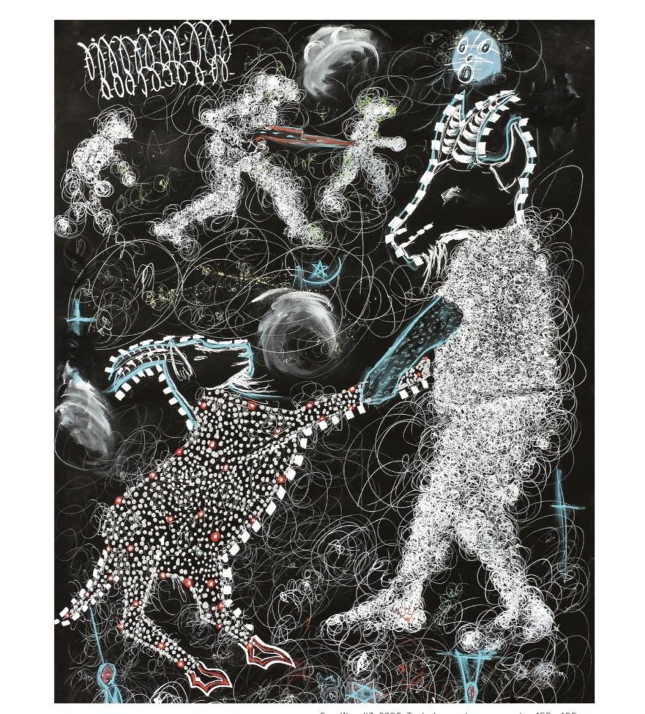 Serigne Ibrahima Dieye, Sacrifice#3. Technique mixte sur papier. 150 x 100 cm. Paraboles d'un Règne animal. Exposition personnelles à la galerie Cécile Fakhoury