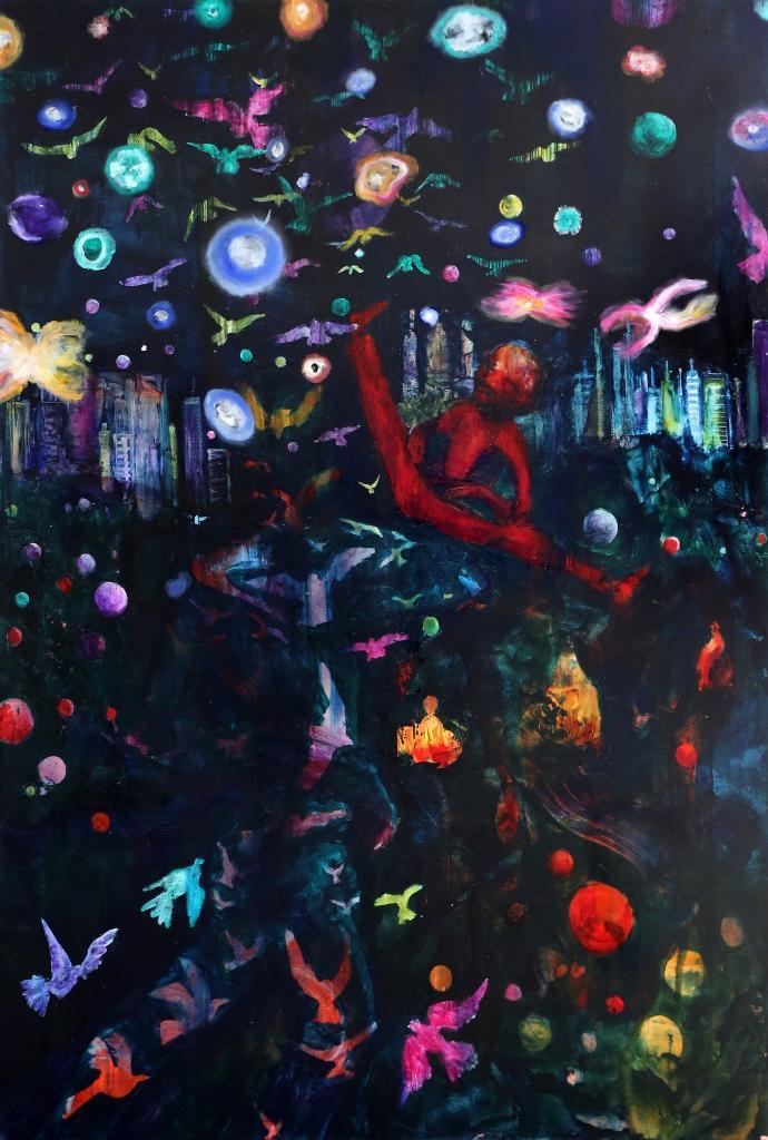 BEEZY BAILEY, Purple Glass City Night Dance Mixed media on canvas, 250 x 170 cm (98 3/8 x 66 7/8 in.)