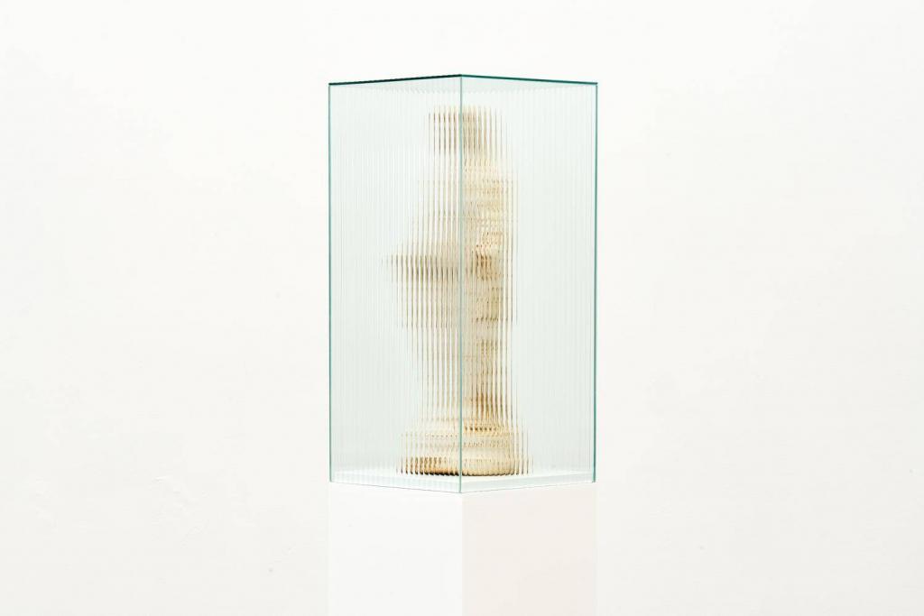 James Webb, This is where I leave you (Mother of the lost; the one who hears the cries of the world) (2020) | Wrought-iron Madonna statue, vitrine, plinth ; 156 x 30 x 30 cm
