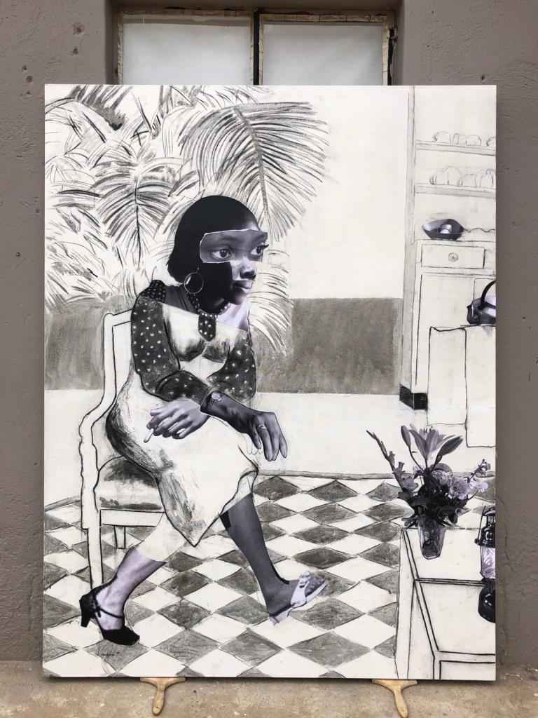 Neo Matloga, Mmadira 2020 Collage, charcoal, charcoal liquid and ink on canvas 190 x 145cm