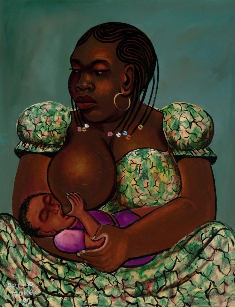 Moké, L’Allaitement, 1981, Peinture sur sac de farine, 94 x 74 cm, © Kleinefenn, courtesy galerie MAGNIN-A, Paris
