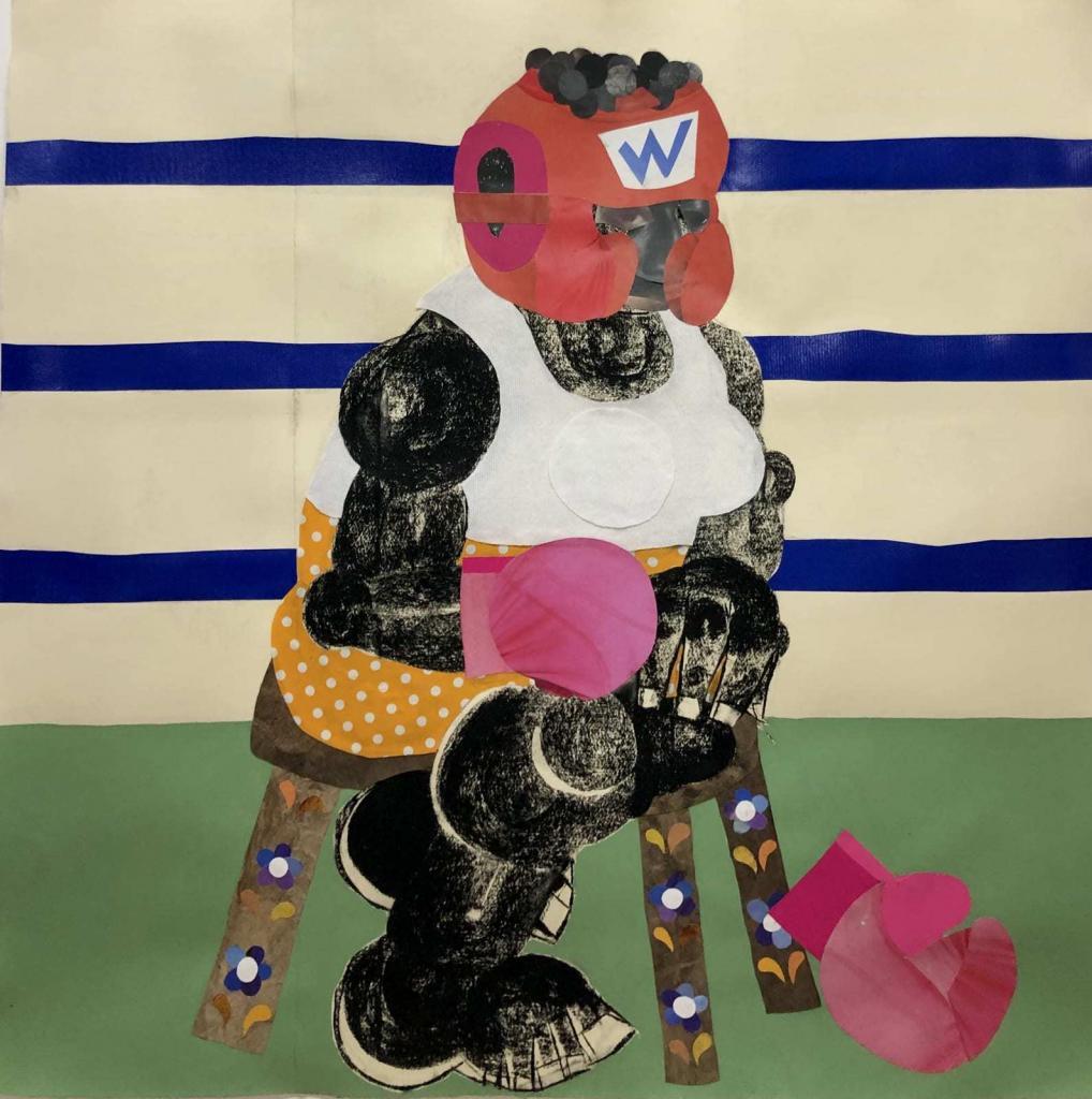 TOY PUNCHER, 2020 Charcoal, plastic, fabric, collage on paper 42 x 42 in 106.7 x 106.7 cm Copyright The Artist