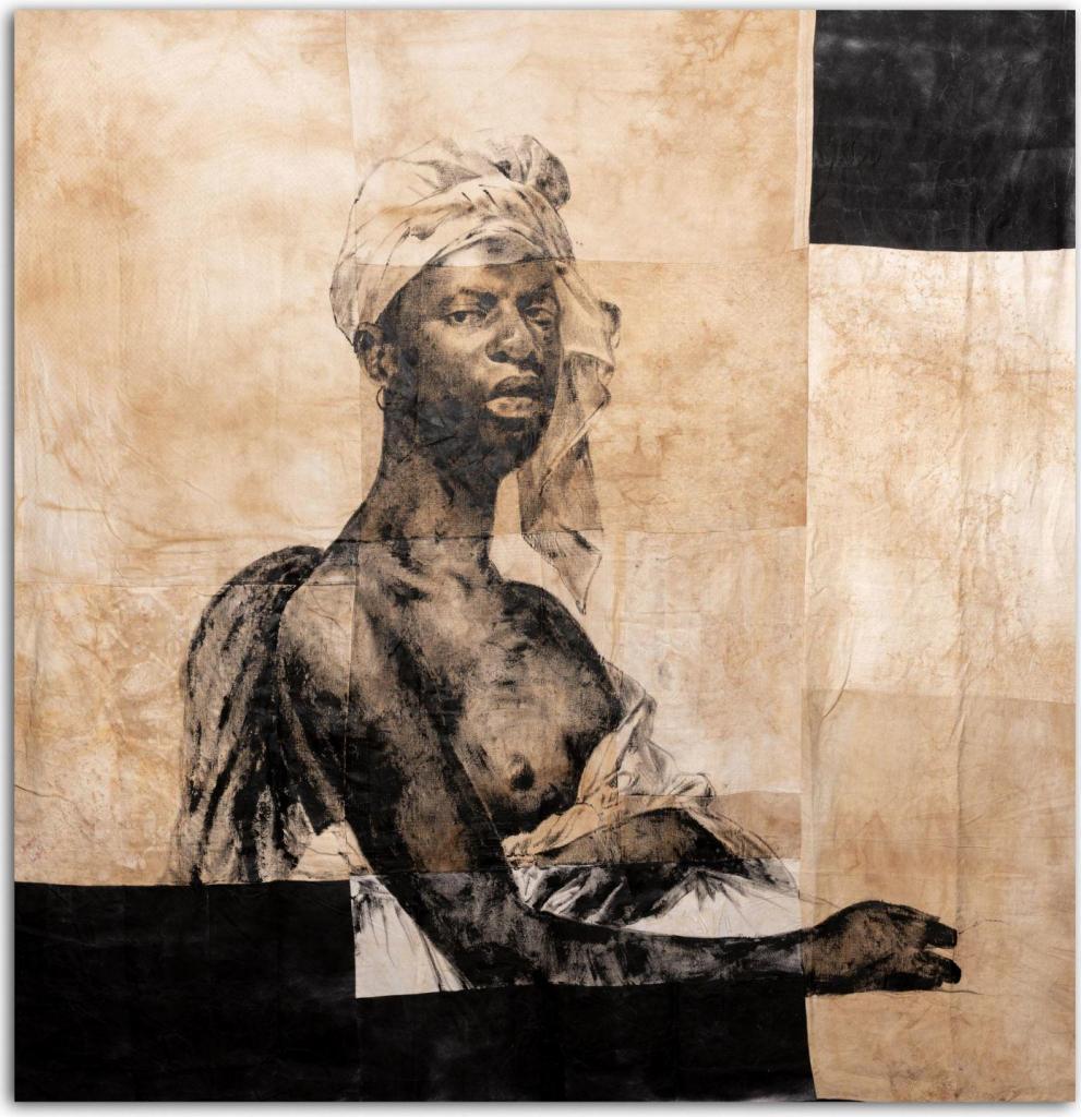 Romeo Mivekannin The Royal Family, Holland, 2019 Acrylic, elixir bath on free canvas 520 x 260 cm. Courtesy galerie Cécile Fakhoury