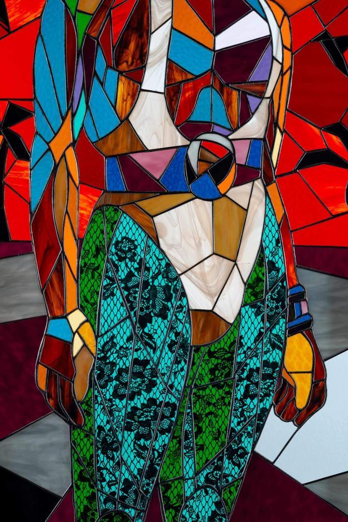 Athi-Patra Ruga, The Speller The Killer (Detail 2), 2020 Stained glass, lead, and powder-coated steel Artwork size: 170 x 90 cm Framed size: 180 x 100 x 4 cm Edition of 2 + 1 AP
