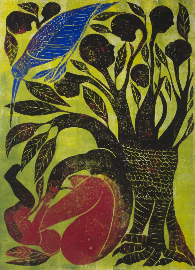 Jems Koko Bi Le chant du colibri III, 2021 Xylogravure sur papier Color woodcut on paper 143 x 103 cm