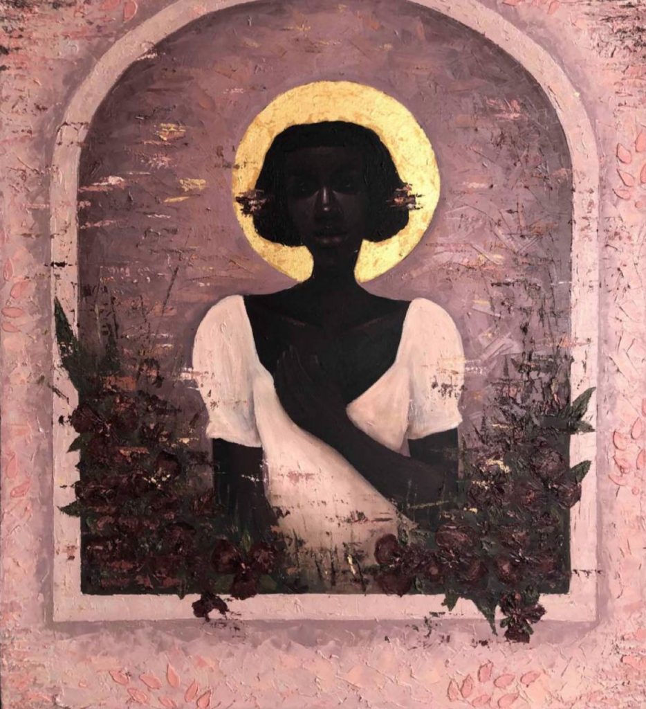 When purple hibiscuses fall Huile, Acrylique et feuille d'or sur toile 96 x 100 cm 2020