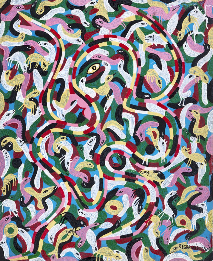 Regragui Bouslai, Composition 3, 1963 Peinture sur panneau de bois, 60,5 x 49,5 cm Collection Fundacion Yannick y Ben Jakober/Museo Sa Bassa Blanca