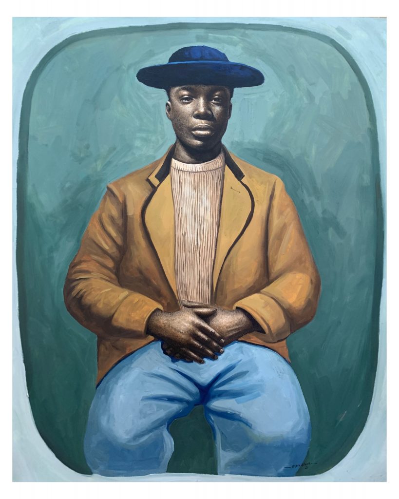Oliver Okolo, Freeman In A Dirty Sienna Suit, 2021, Oil and charcoal on paper, 114.3 x 139.7 cm. Courtesy of the Artist and Gallery 1957
