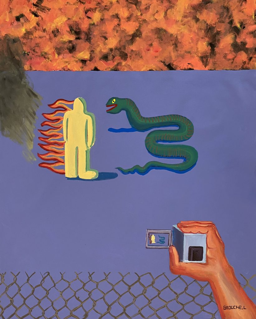 Lounis Baouche - Burning Man, Acrylic on canvas 100x80 cm, 2021.© Courtesy Lounis Baouche et rhizome gallery