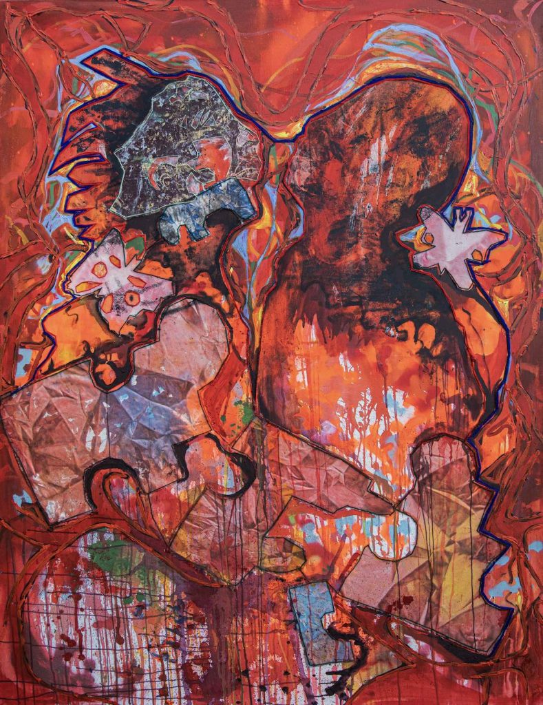 First Floor [TT] - Mavis Tauzeni (b.1982) Vaanhingirikii Part 1, 2021, Acrylic, ink, stitching, spray paint and collage on canvas 78 3⁄4 x 59 in. 200 x 150 cm